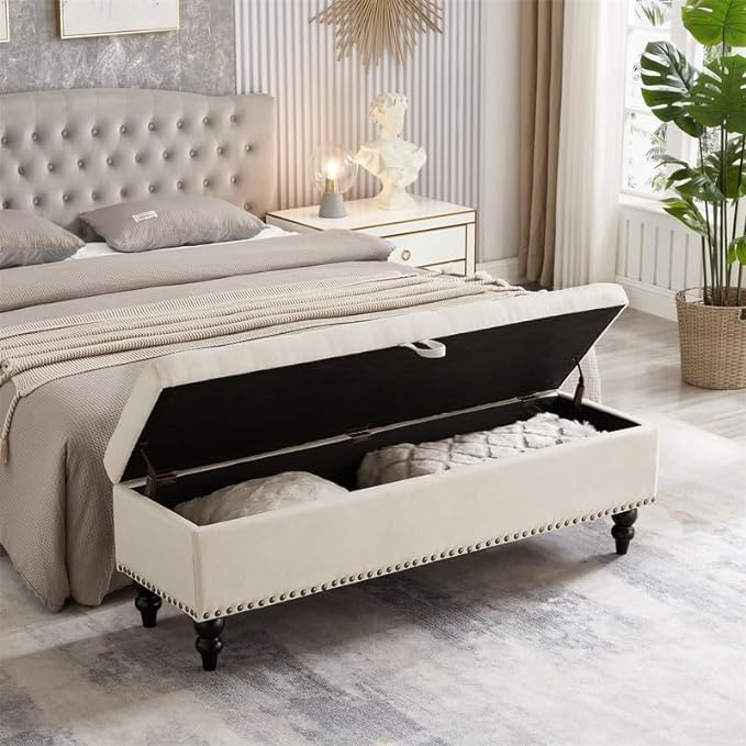 Upholstery ottoman with storage wooden legs