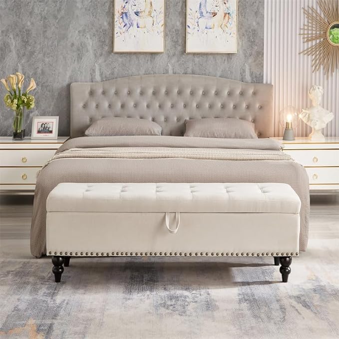 Upholstery ottoman with storage wooden legs