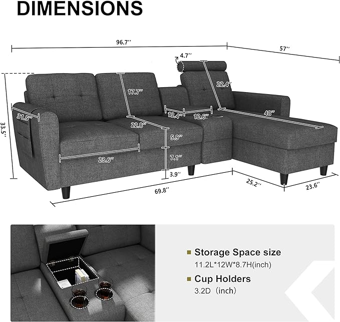 L shape sofa with glass holden & storage / center seat with headrest / Fiber legs