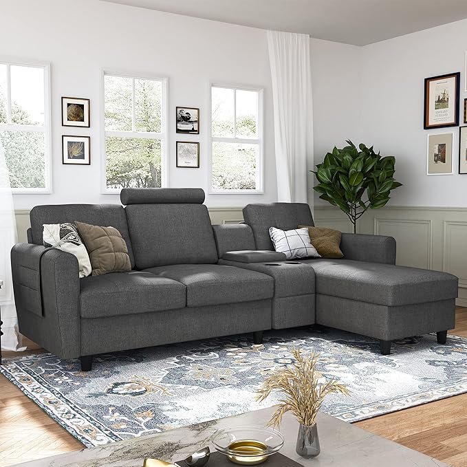 L shape sofa with glass holden & storage / center seat with headrest / Fiber legs