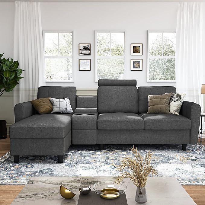 L shape sofa with glass holden & storage / center seat with headrest / Fiber legs